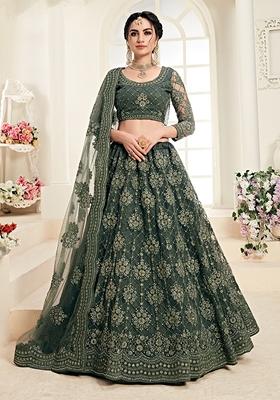 Olive Green Embroidered Net Lehenga Set
