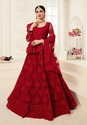 Red Embroidered Net Lehenga Set
