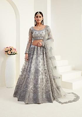 Light Grey Embroidered Net Lehenga Set
