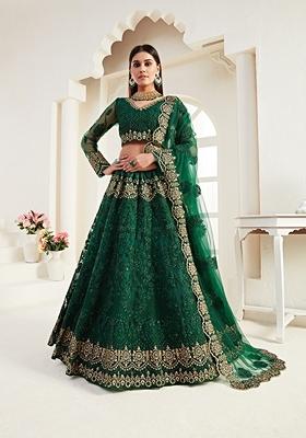 Dark Green Embroidered Net Lehenga Set