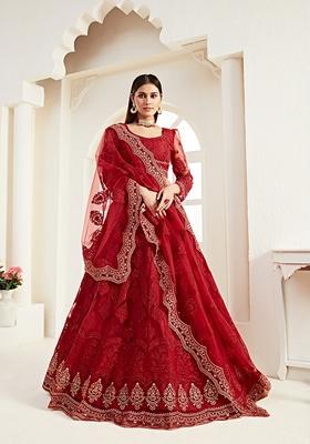 Dark Red Embroidered Net Lehenga Set