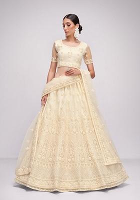 Cream Embroidered Net Lehenga Set