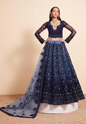 Navy Blue Embroidered Net Lehenga Set