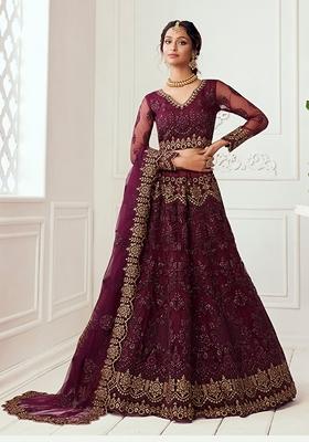 Wine Embroidered Net Lehenga Set