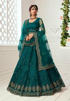 Teal Green Embroidered Net Lehenga Set