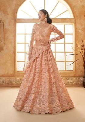 Light Peach Embroidered Net Lehenga Set