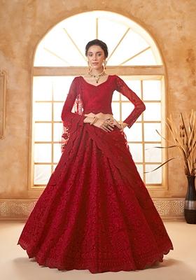 Dark Red Embroidered Net Lehenga Set