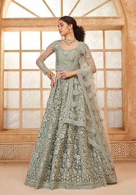 Sea Green Embroidered Net Lehenga Set