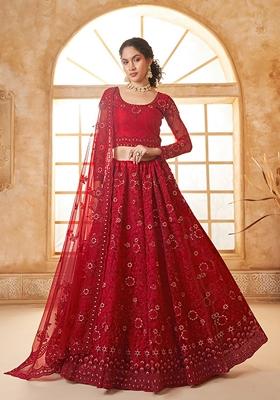 Red Embroidered Net Lehenga Set