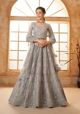 Grey Embroidered Net Lehenga Set