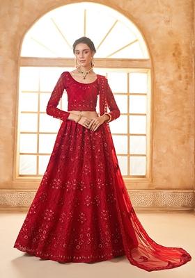 Ruby Red Embroidered Net Lehenga Set