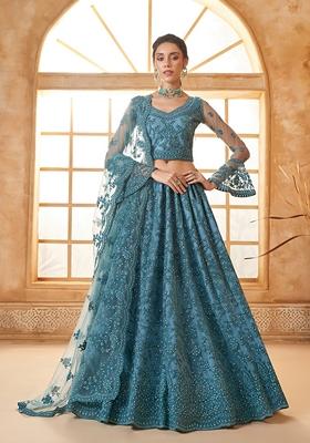 Light Blue Embroidered Net Lehenga Set