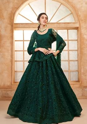 Dark Green Embroidered Net Lehenga Set