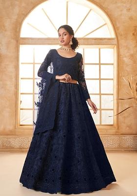 Navy Blue Embroidered Net Lehenga Set