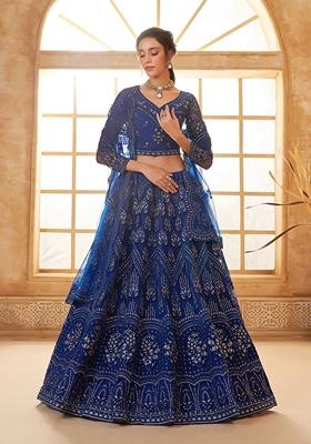 Royal Blue Embroidered Net Lehenga Set
