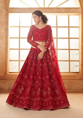 Red Embroidered Net Lehenga Set