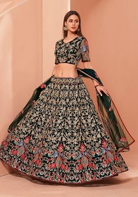 Green Embroidered Net Lehenga Set