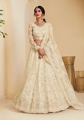 Off White Embroidered Net Lehenga Set