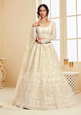 Off White Embroidered Net Lehenga Set