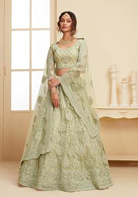 Light Green Embroidered Net Lehenga Set