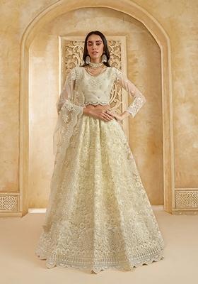 Off White Embroidered Net Lehenga Set