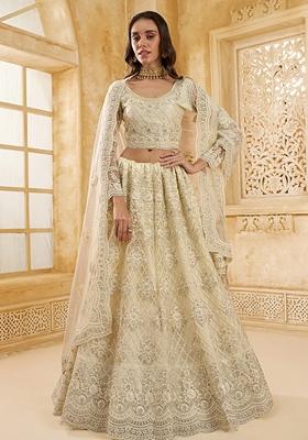 Off White Embroidered Net Lehenga Set