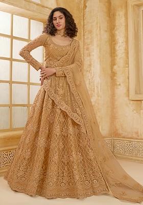 Chiku Brown Embroidered Net Lehenga Set