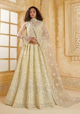 Off White Embroidered Net Lehenga Set