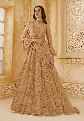 Chiku Brown Embroidered Net Lehenga Set