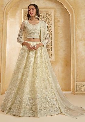 Off White Embroidered Net Lehenga Set