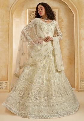 Off White Embroidered Net Lehenga Set
