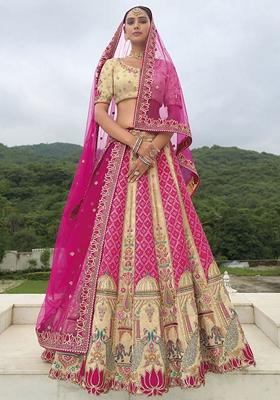Pink And Cream Embroidered Heavy Silk Lehenga Set