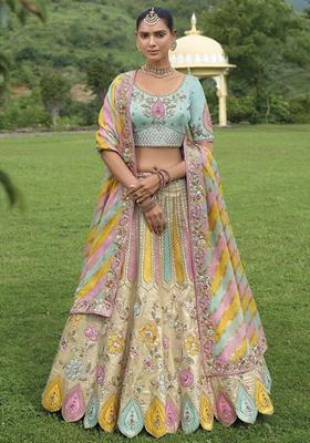 Cream And Sky Blue Embroidered Heavy Silk Lehenga Set