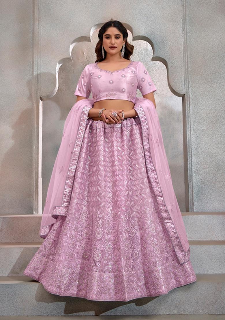 Light Lavender Sequin Thread Embroidered Butterfly Net Lehenga Set