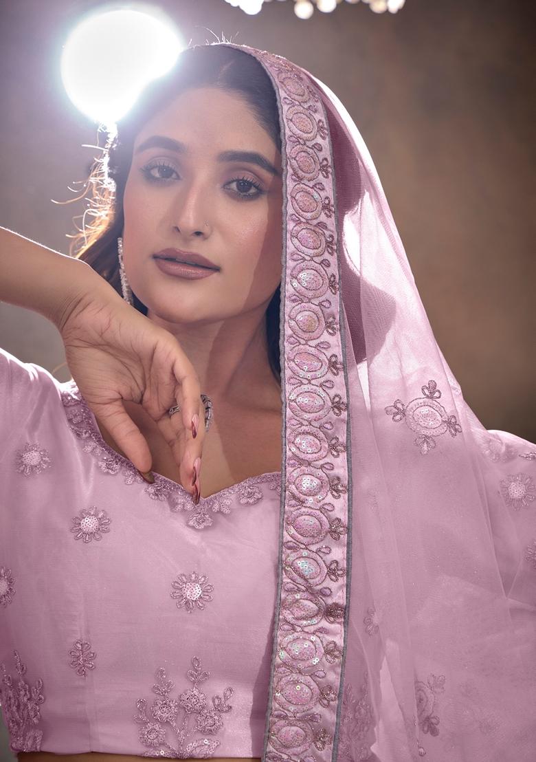 Light Lavender Sequin Thread Embroidered Butterfly Net Lehenga Set