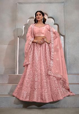 Peach Sequin Thread Embroidered Butterfly Net Lehenga Set