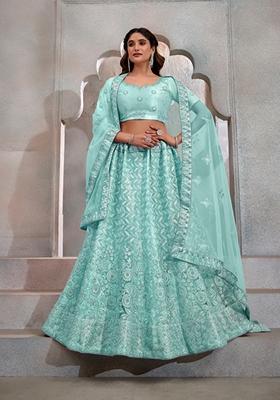 Turquoise Sequin Thread Embroidered Butterfly Net Lehenga Set