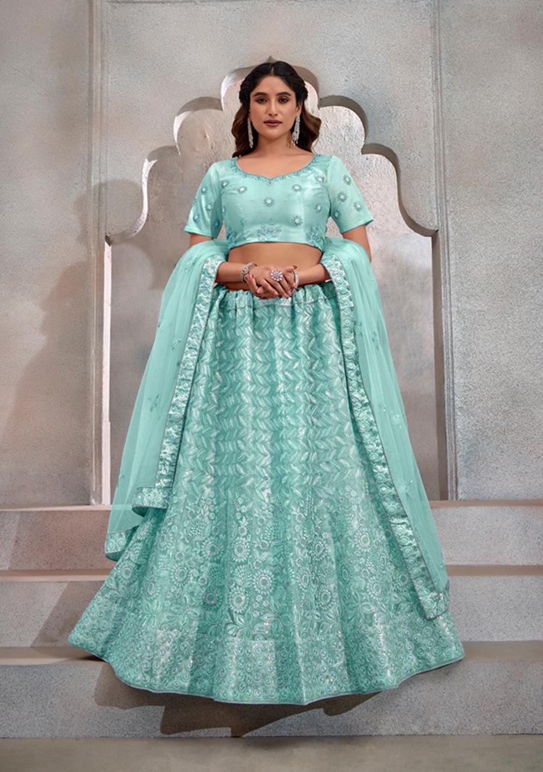 Turquoise Sequin Thread Embroidered Butterfly Net Lehenga Set