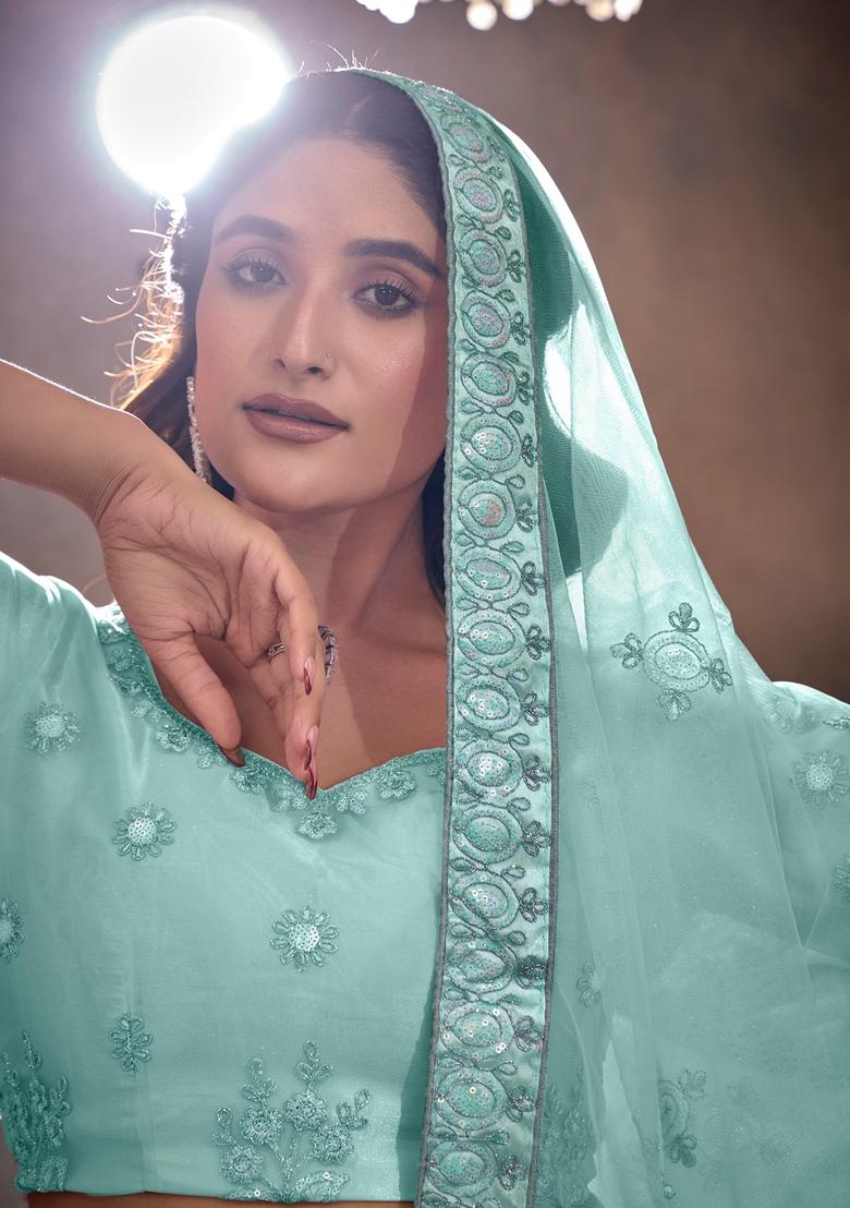 Turquoise Sequin Thread Embroidered Butterfly Net Lehenga Set