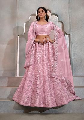 Light Pink Sequin Thread Embroidered Butterfly Net Lehenga Set