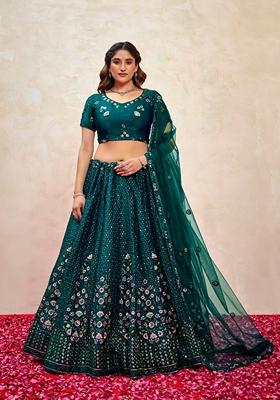 Teal Green Sequin Thread Embroidered Fendy Silk Lehenga Set
