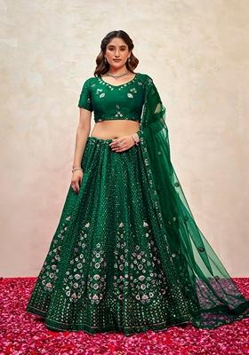 Green Sequin Thread Embroidered Fendy Silk Lehenga Set