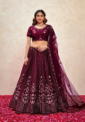 Wine Sequin Thread Embroidered Fendy Silk Lehenga Set