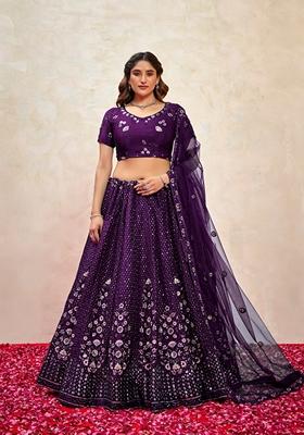 Violet Sequin Thread Embroidered Fendy Silk Lehenga Set