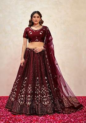 Maroon Sequin Thread Embroidered Fendy Silk Lehenga Set