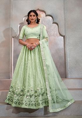 Pastel Green Sequin Thread Embroidered Butterfly Net Lehenga Set
