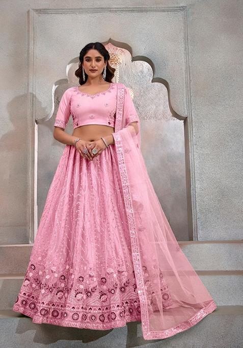 Pink Sequin Thread Embroidered Butterfly Net Lehenga Set