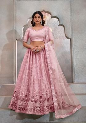 Peach Sequin Thread Embroidered Butterfly Net Lehenga Set