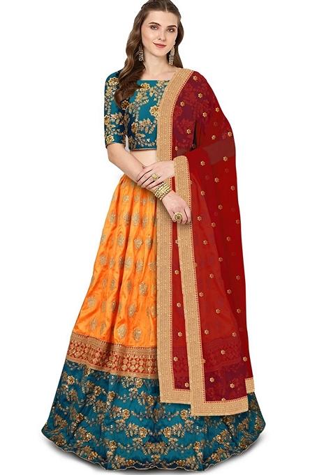 Multicolor Embroidered Silk Lehenga Set