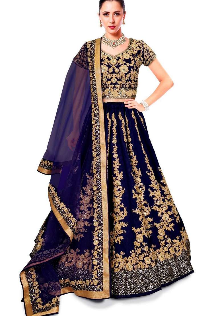 Blue Embroidered Silk Blend Lehenga Set for Diwali and Festive Wear - Indya